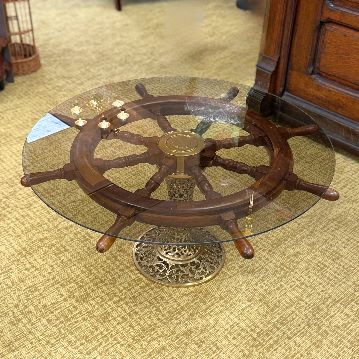 Authentic 36” Teak Ship’s Wheel Coffee Table