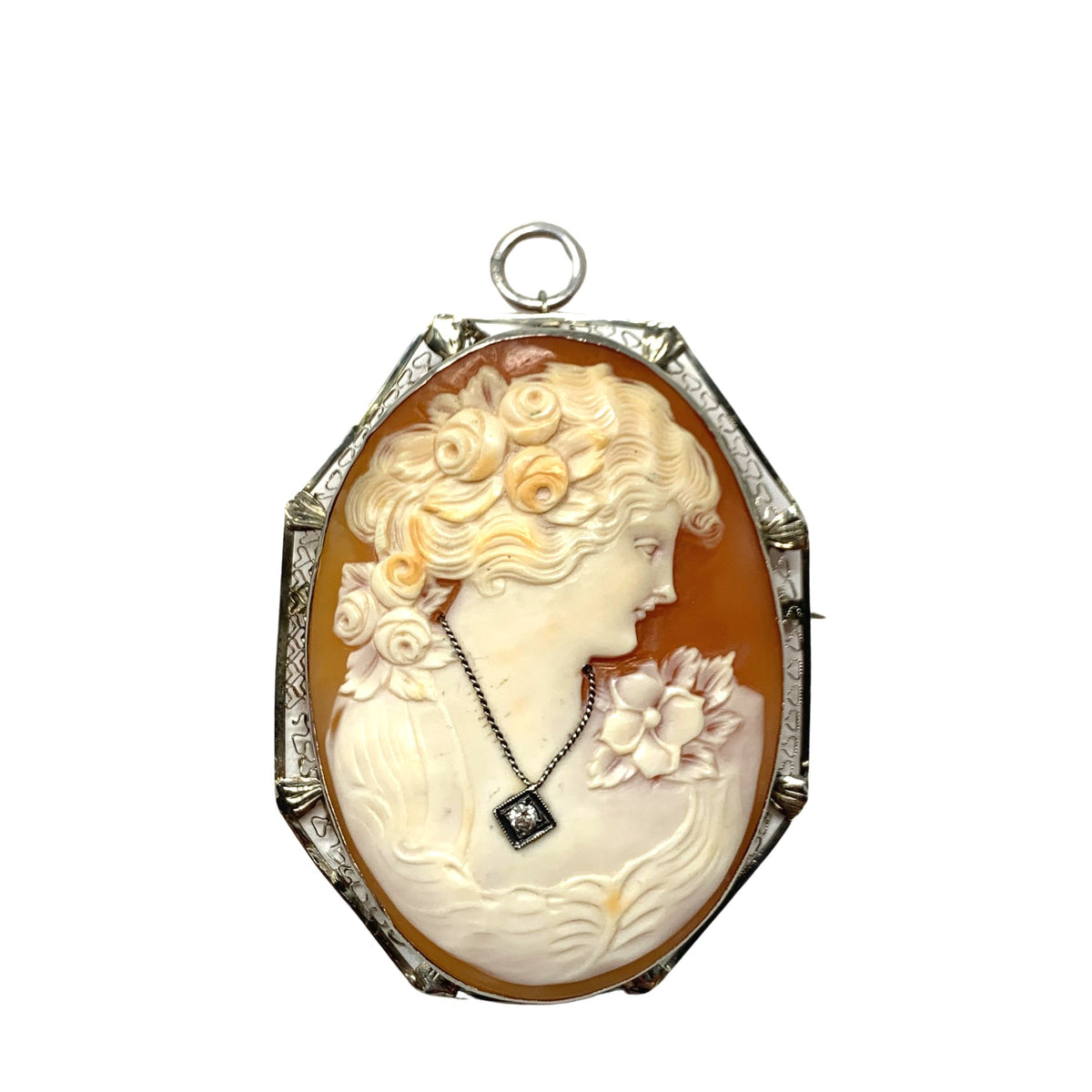Antique 14K Large Cameo & Diamond Pendant/ Brooch
