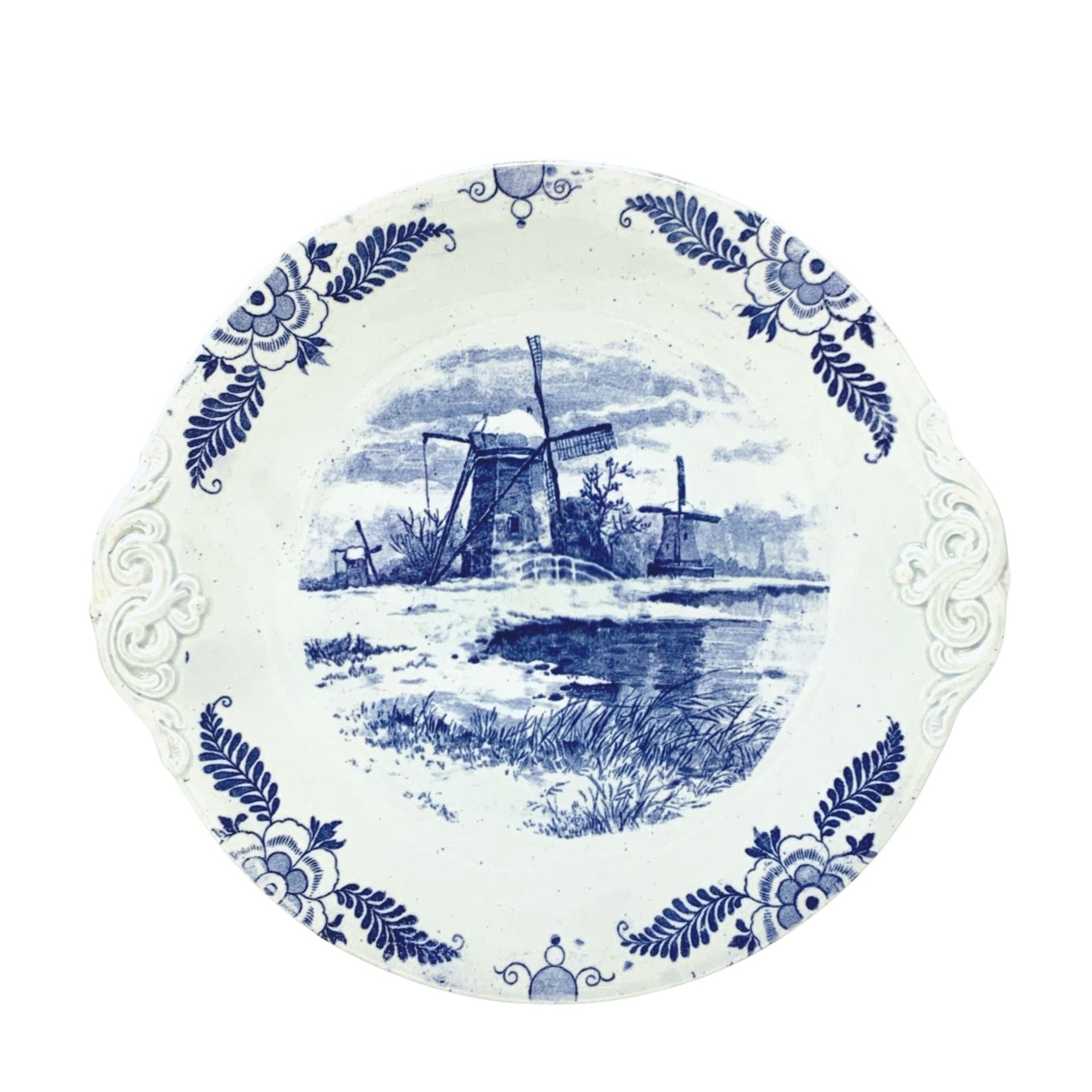 Ancien Plat Mendiant Royal Bonn / Delft – Décor Moulin Et Bateau Bleu Sur Fond Blanc