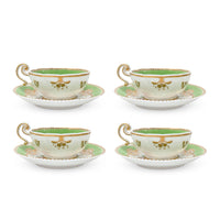 Antique Gilt, Green, and Floral 8pc Teacup & Saucer Set