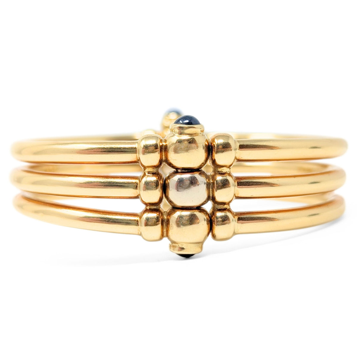 Italian 18K Gold Blue Sapphire Hinged Tri-Bangle Bracelet