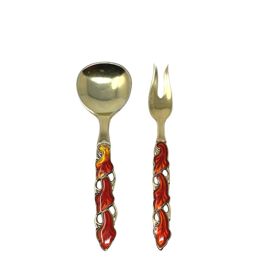 Gold Washed Sterling Silver Guilloche Caviar Spoon & Cocktail Fork