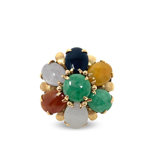 Vintage 14K Gold Multicolored Jade Flower Ring Size 6.75