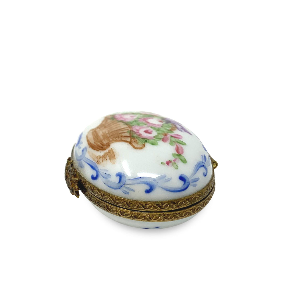 Limoges France Hand-Painted Basket of Flowers Mini Porcelain Trinket Box