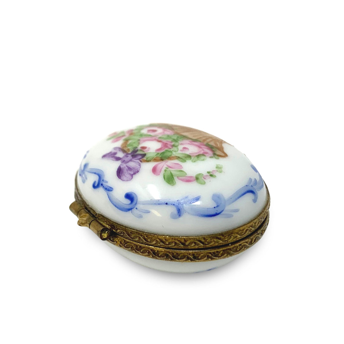 Limoges France Hand-Painted Basket of Flowers Mini Porcelain Trinket Box
