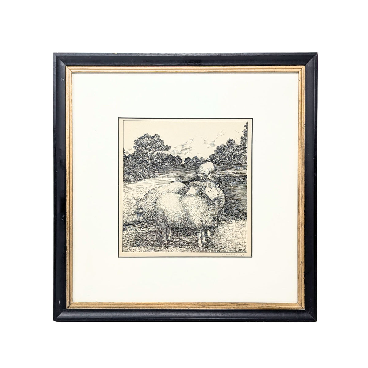 Grazing Sheep Signed Linocut Print on Paper, 1987