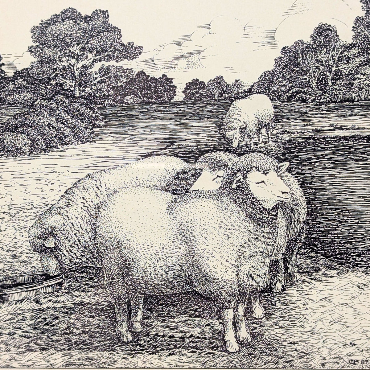 Grazing Sheep Signed Linocut Print on Paper, 1987