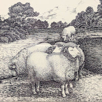 Grazing Sheep Signed Linocut Print on Paper, 1987