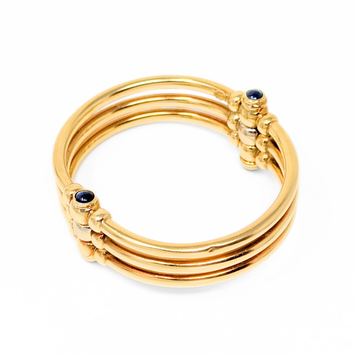 Italian 18K Gold Blue Sapphire Hinged Tri-Bangle Bracelet