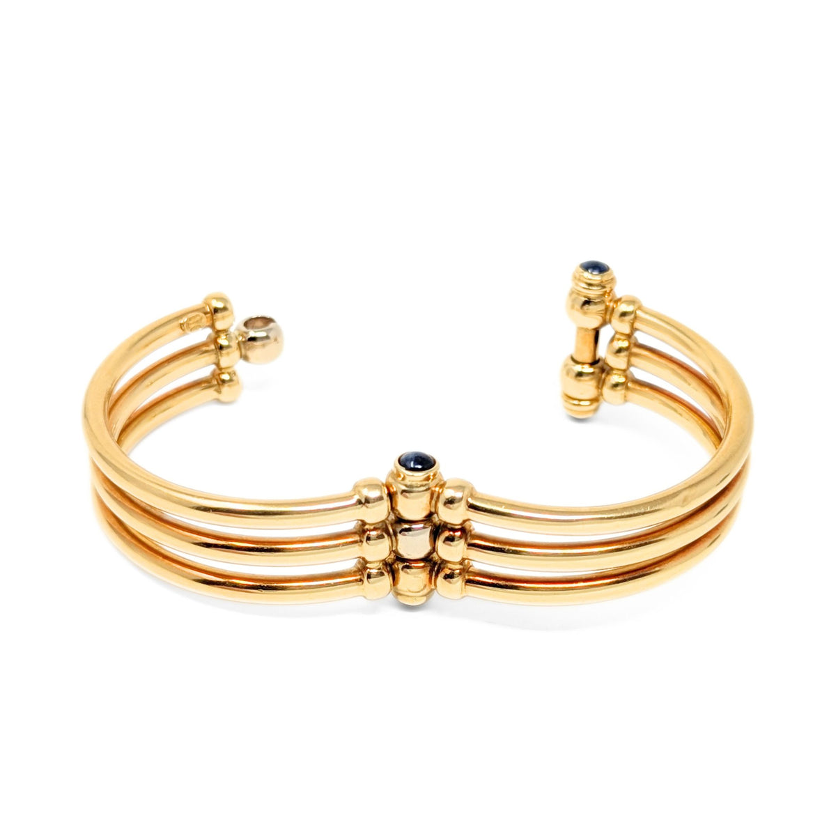 Italian 18K Gold Blue Sapphire Hinged Tri-Bangle Bracelet