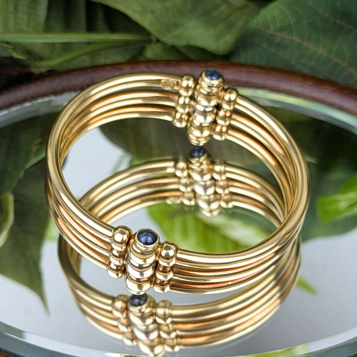 Italian 18K Gold Blue Sapphire Hinged Tri-Bangle Bracelet