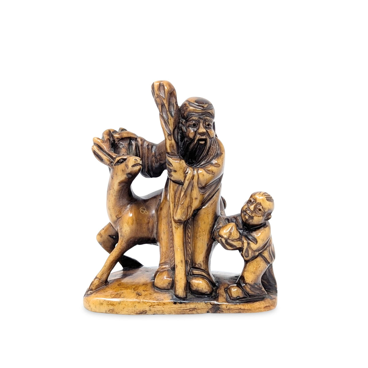 Vintage Carved Stone Figure of Shou Lao (Shouxing), Deer, & Boy