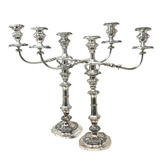 Pair of Antique Silverplate 5pc Triple Candelabras