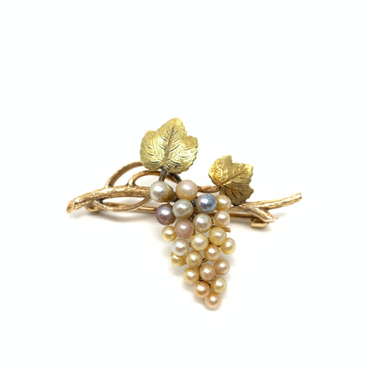 14K Gold Vintage Pearl Grape Cluster Brooch