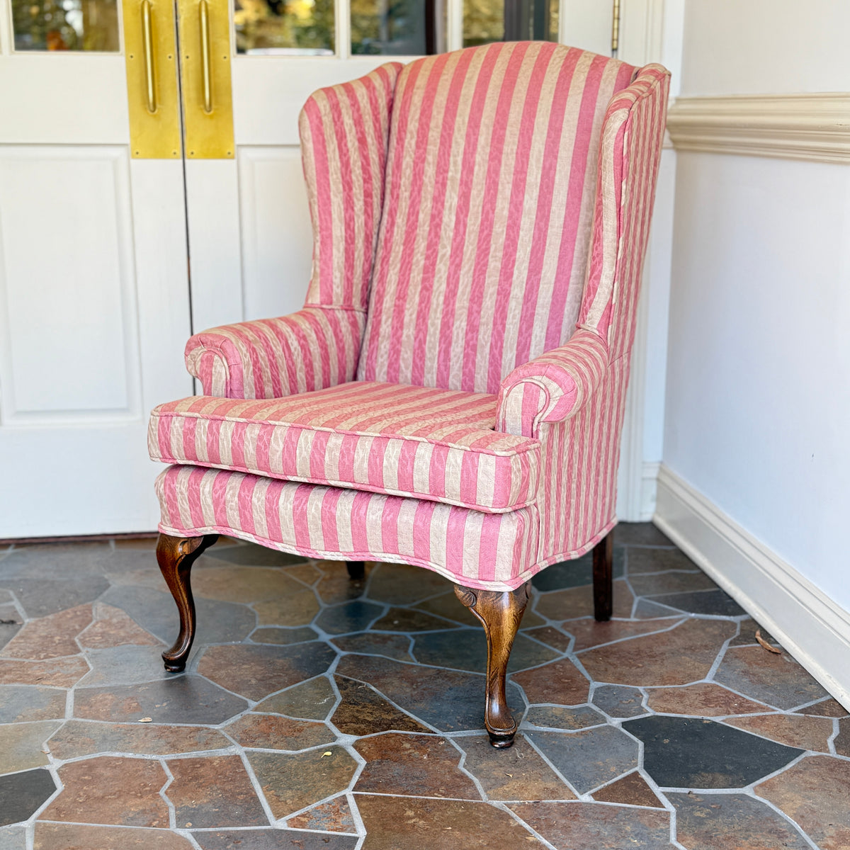 Vintage Pink Striped Wingback Chair