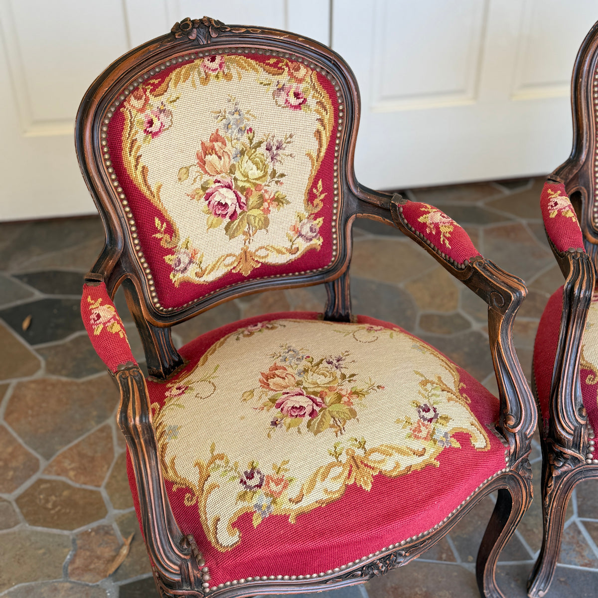 French Walnut Louis XV Needlepoint Armchairs (Pair)