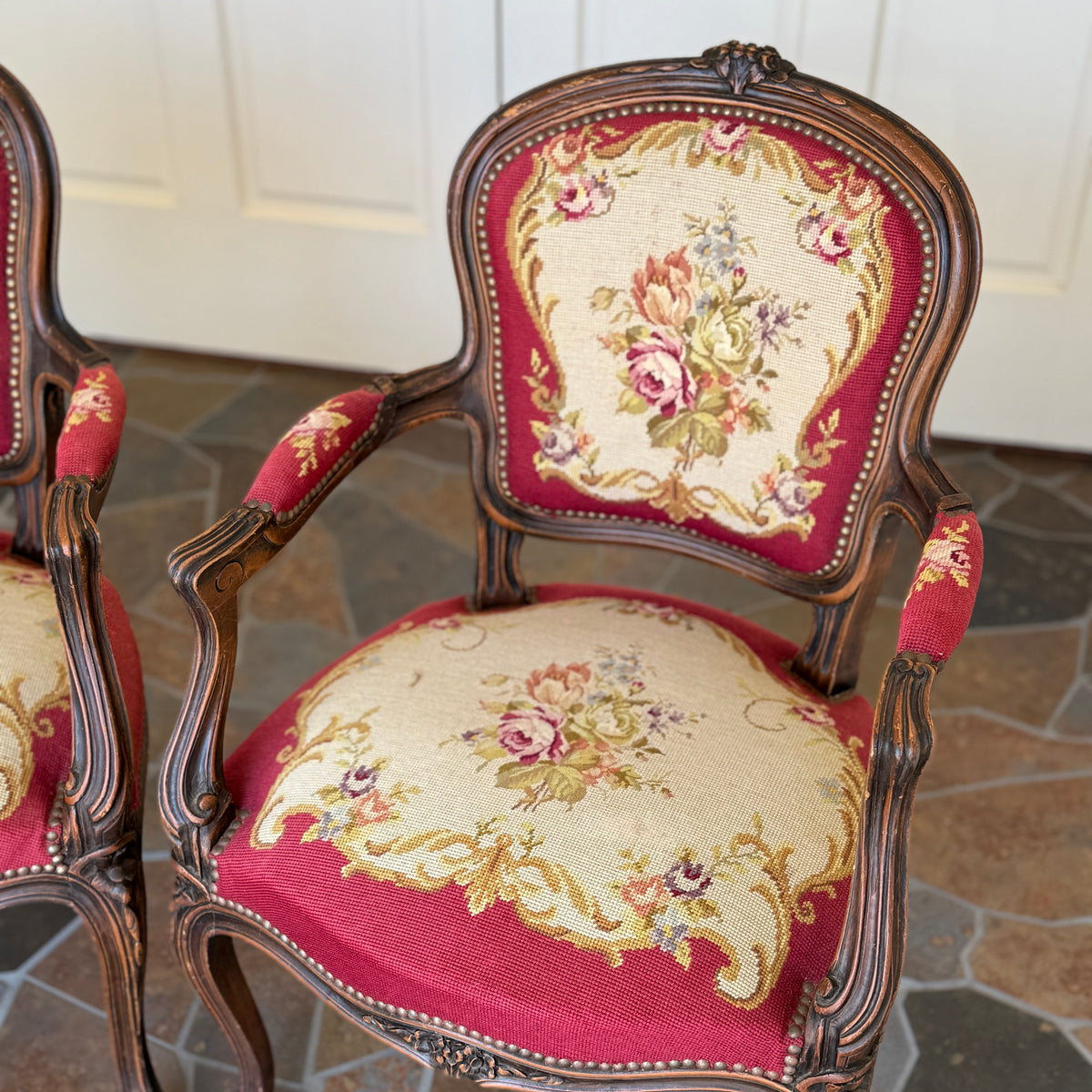 French Walnut Louis XV Needlepoint Armchairs (Pair)