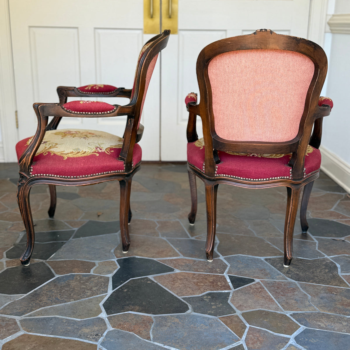 French Walnut Louis XV Needlepoint Armchairs (Pair)