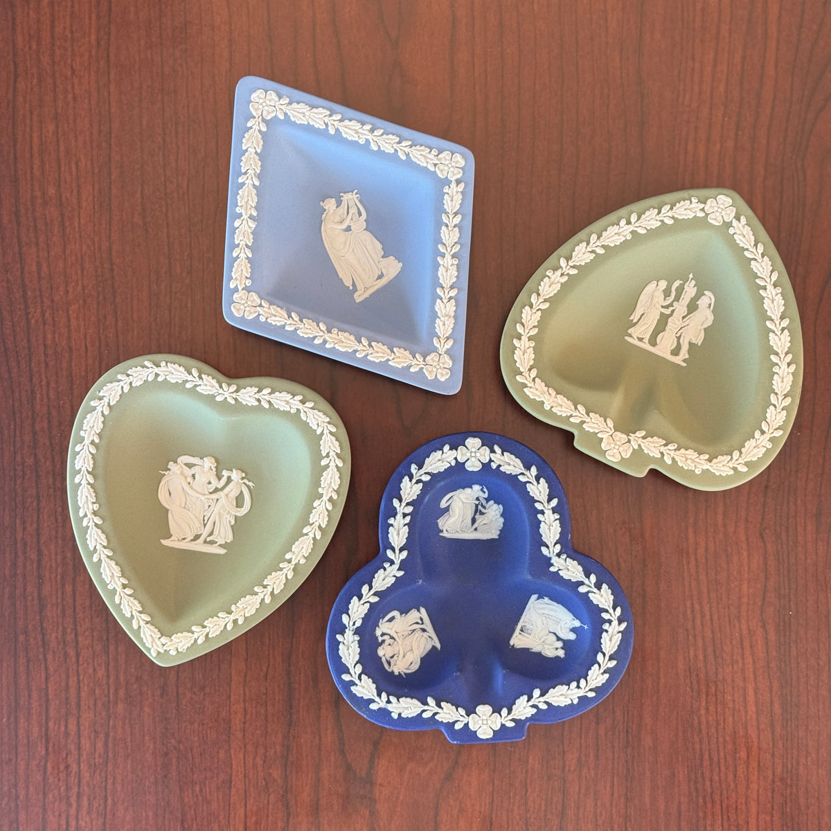 Wedgwood Blue & Green Four Suits 4pc Trinket Dish Set