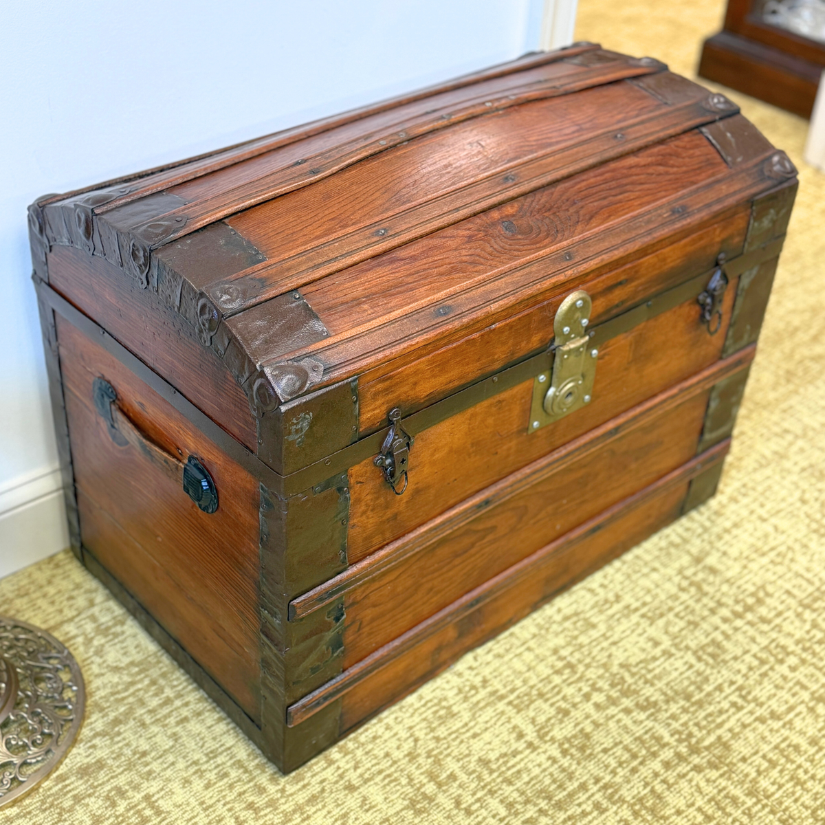 Antique Oak Humpback Steamer Trunk