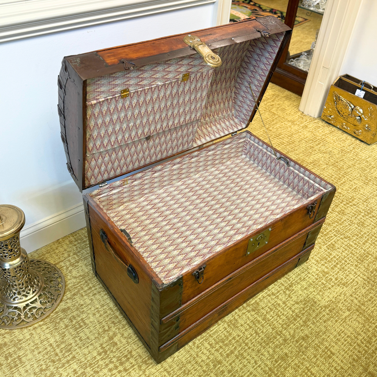 Antique Oak Humpback Steamer Trunk