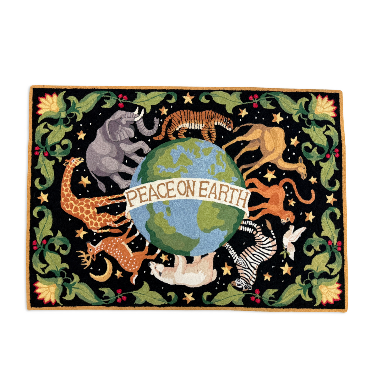 Peace on Earth Animal Theme Wool Hook Rug 5’ x 3’6”