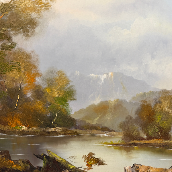 River Landscape Oil on Canvas by O. Schmidt, ca. 1960