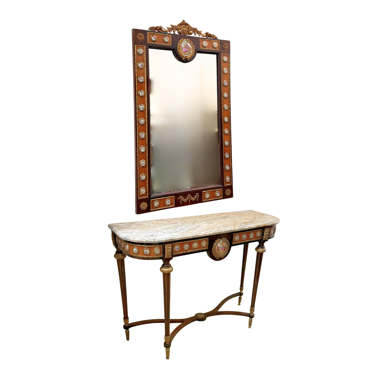 French Walnut & Gilt Ormolu Console with Mirror
