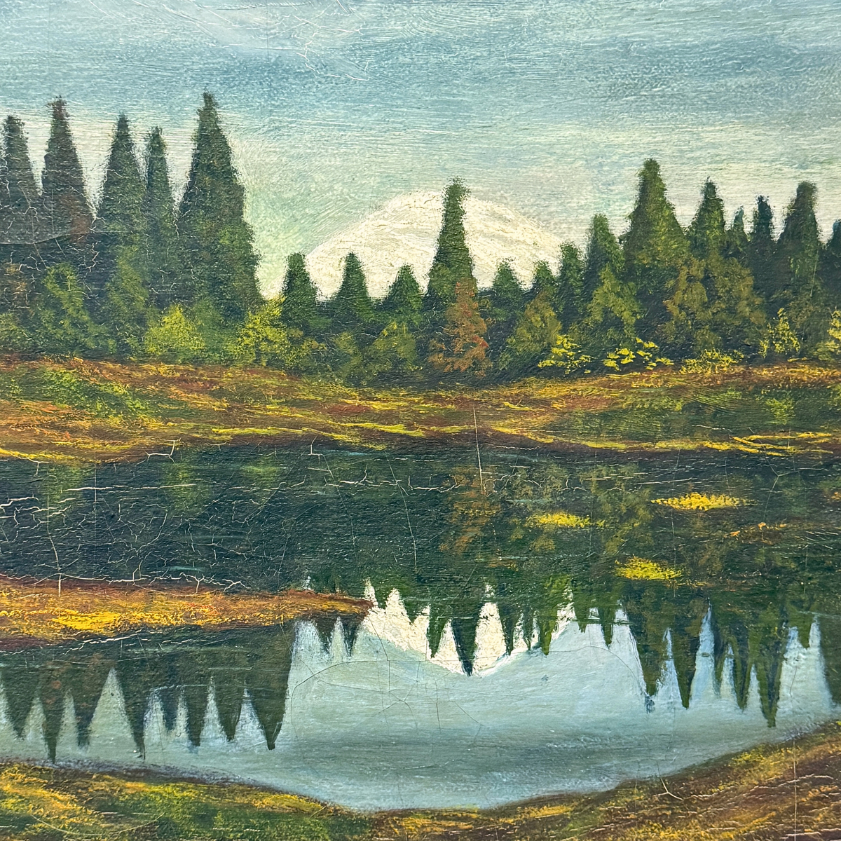 Antique Unsigned Moonlit Lake Oil on Canvas