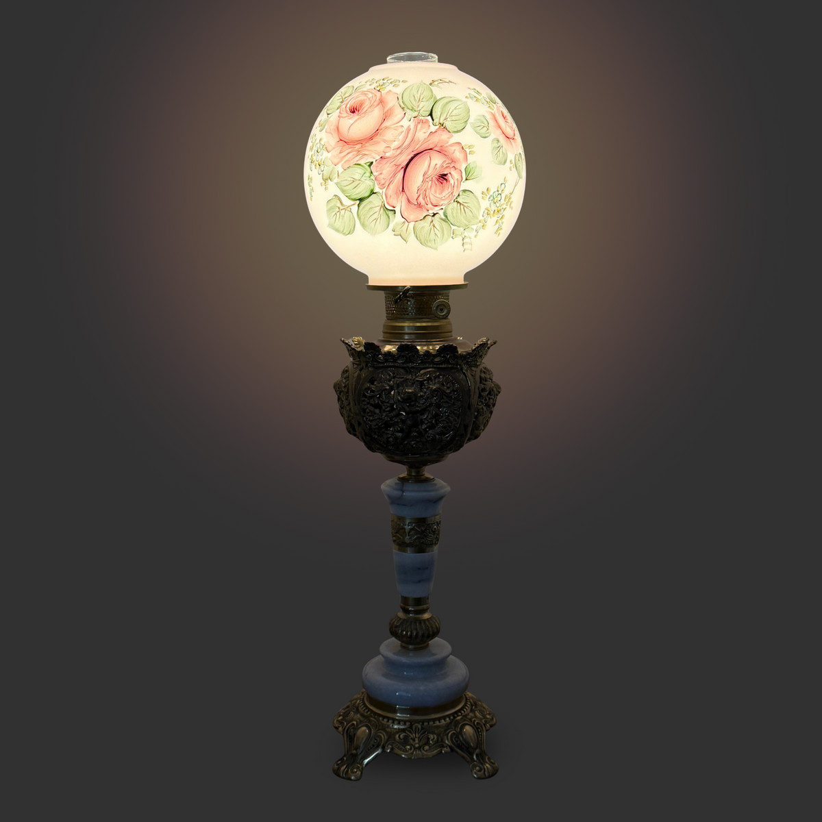 Electrified Victorian Banquet Lamp w/ Hand-Painted Globe