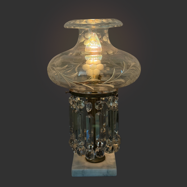 Marble, Brass, & Crystal Prism Electrified Oil Lamp, ca. 1840