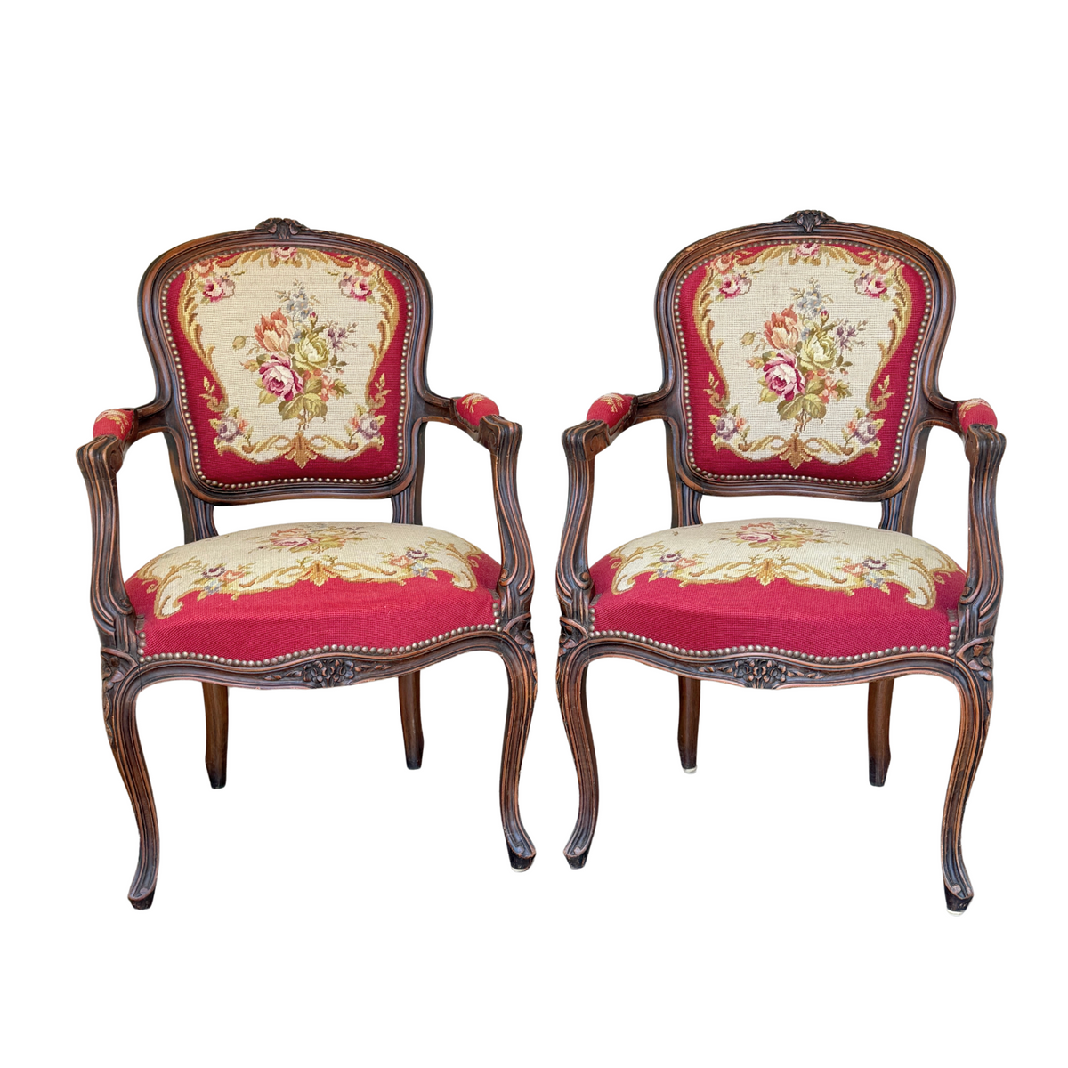 French Walnut Louis XV Needlepoint Armchairs (Pair)