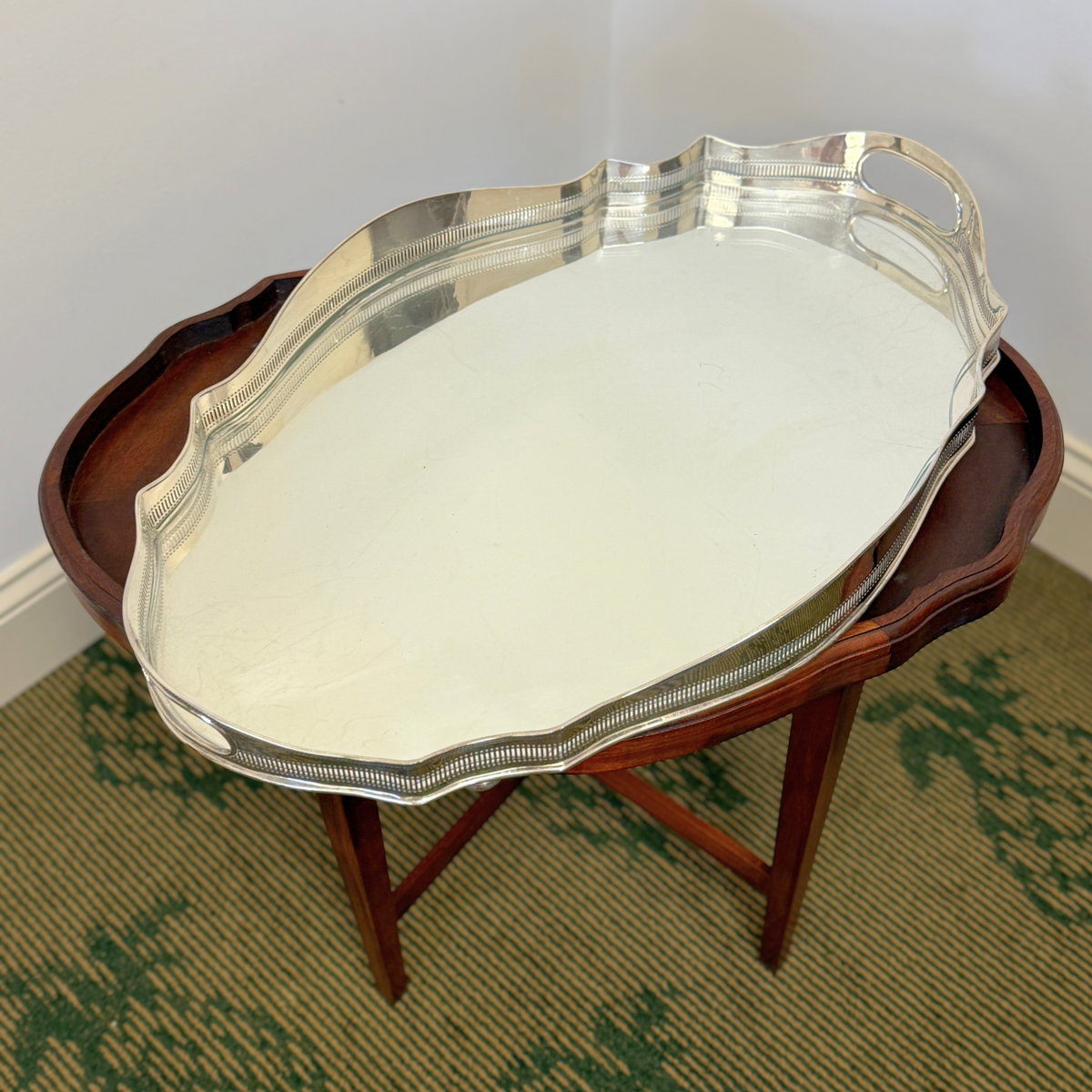 Custom Mahogany Silver Plate Tray Table