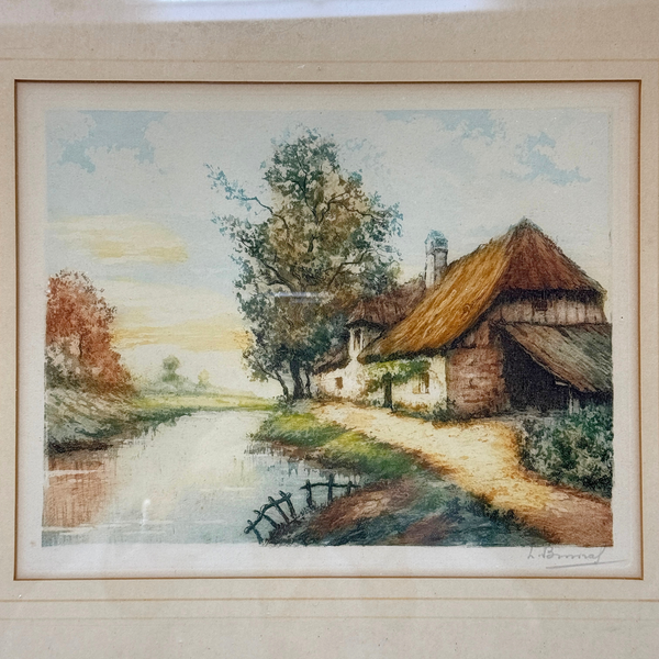 English Cottage Hand Colored Etchings by L. Bouvray, ca. 1930 (Pair)