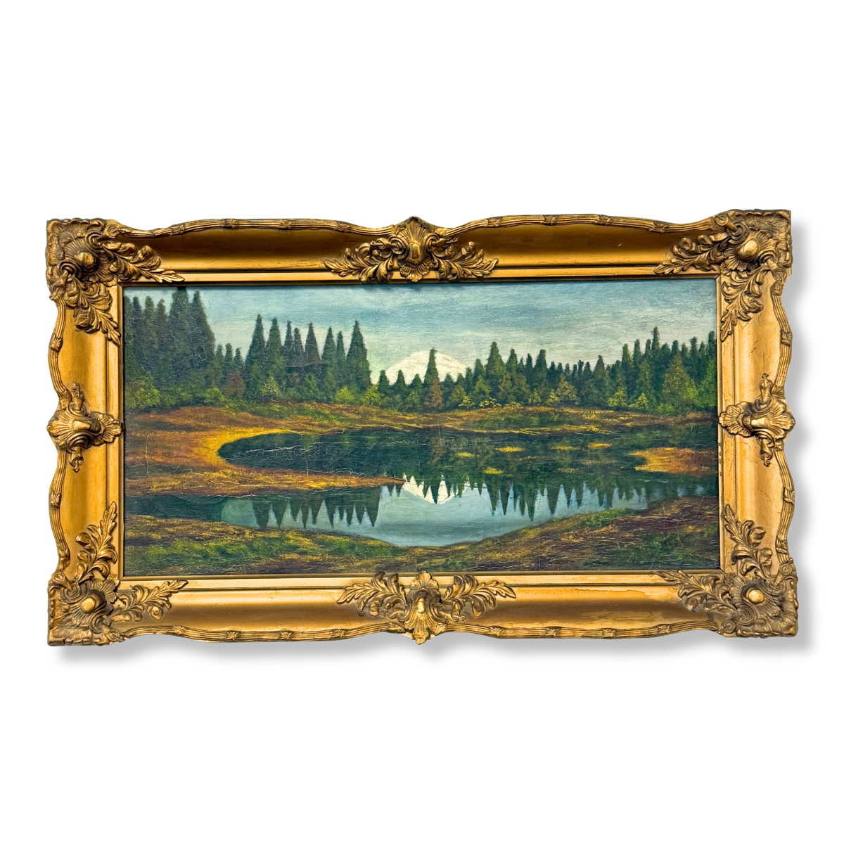 Antique Unsigned Moonlit Lake Oil on Canvas