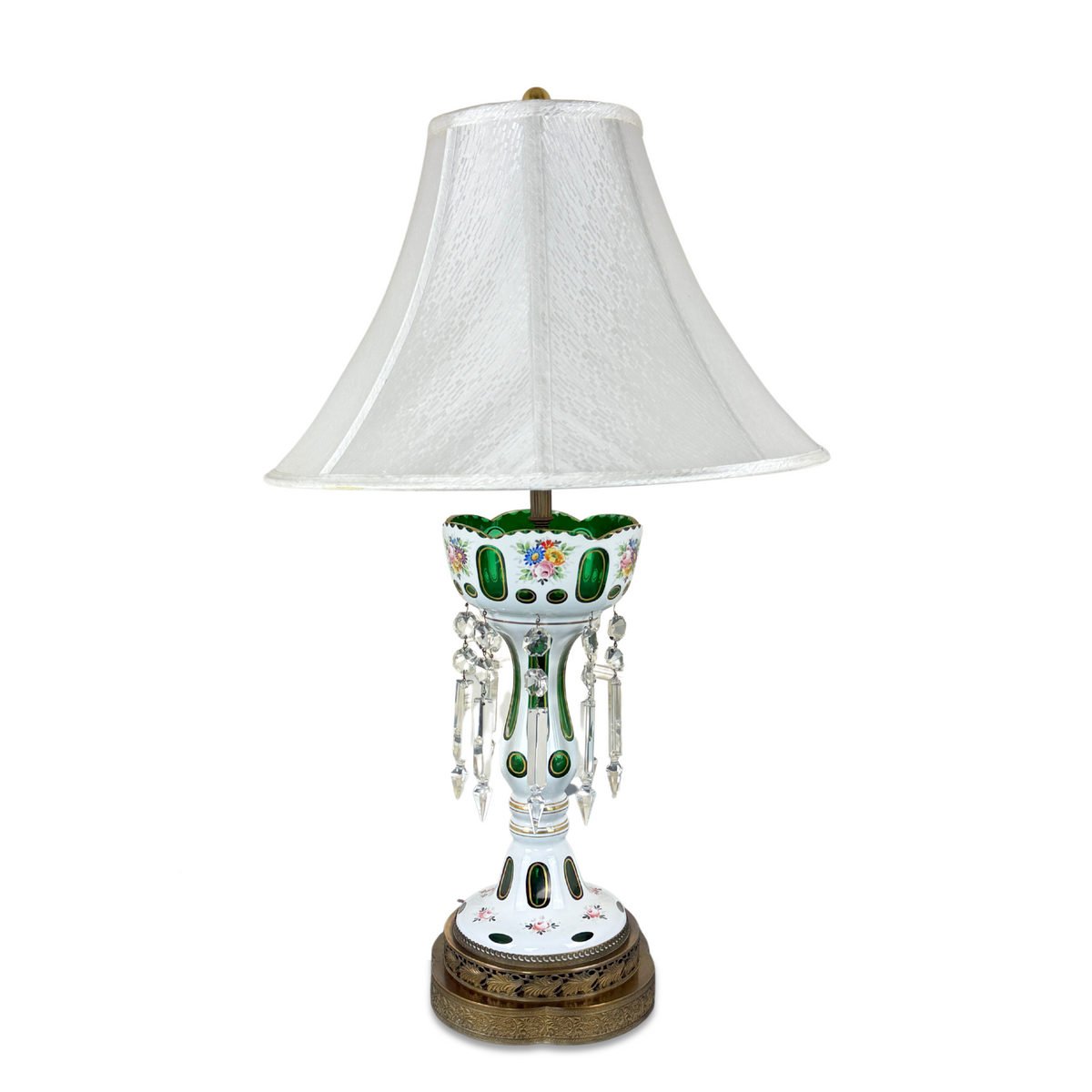 Bohemian Glass White Overlay Cut-to-Emerald Lamp with Prisms