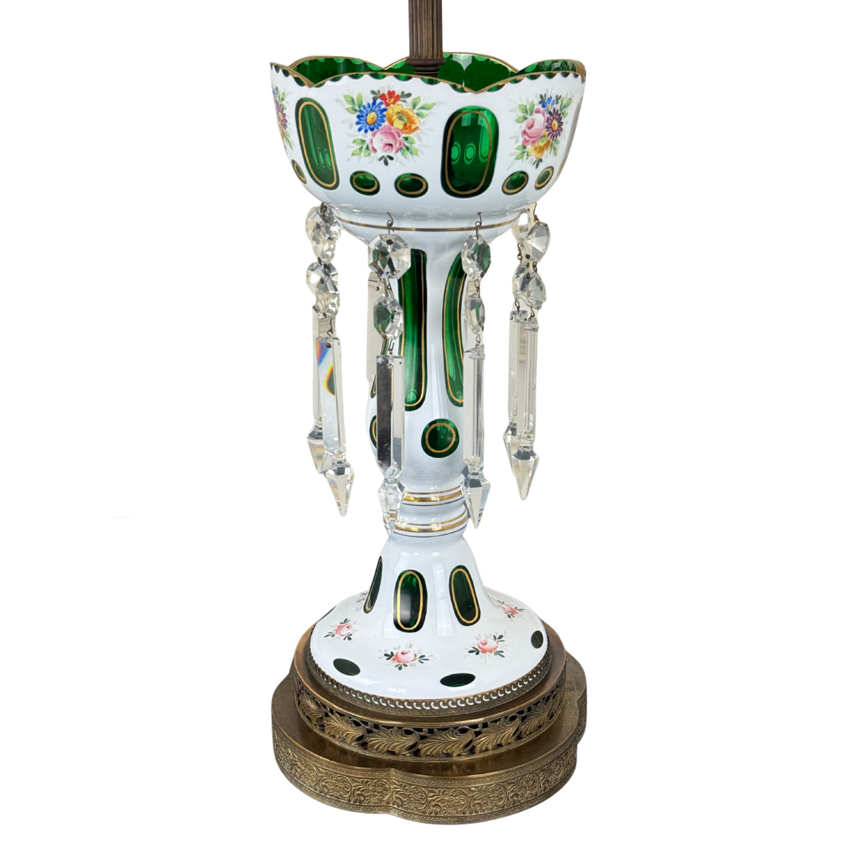 Bohemian Glass White Overlay Cut-to-Emerald Lamp with Prisms