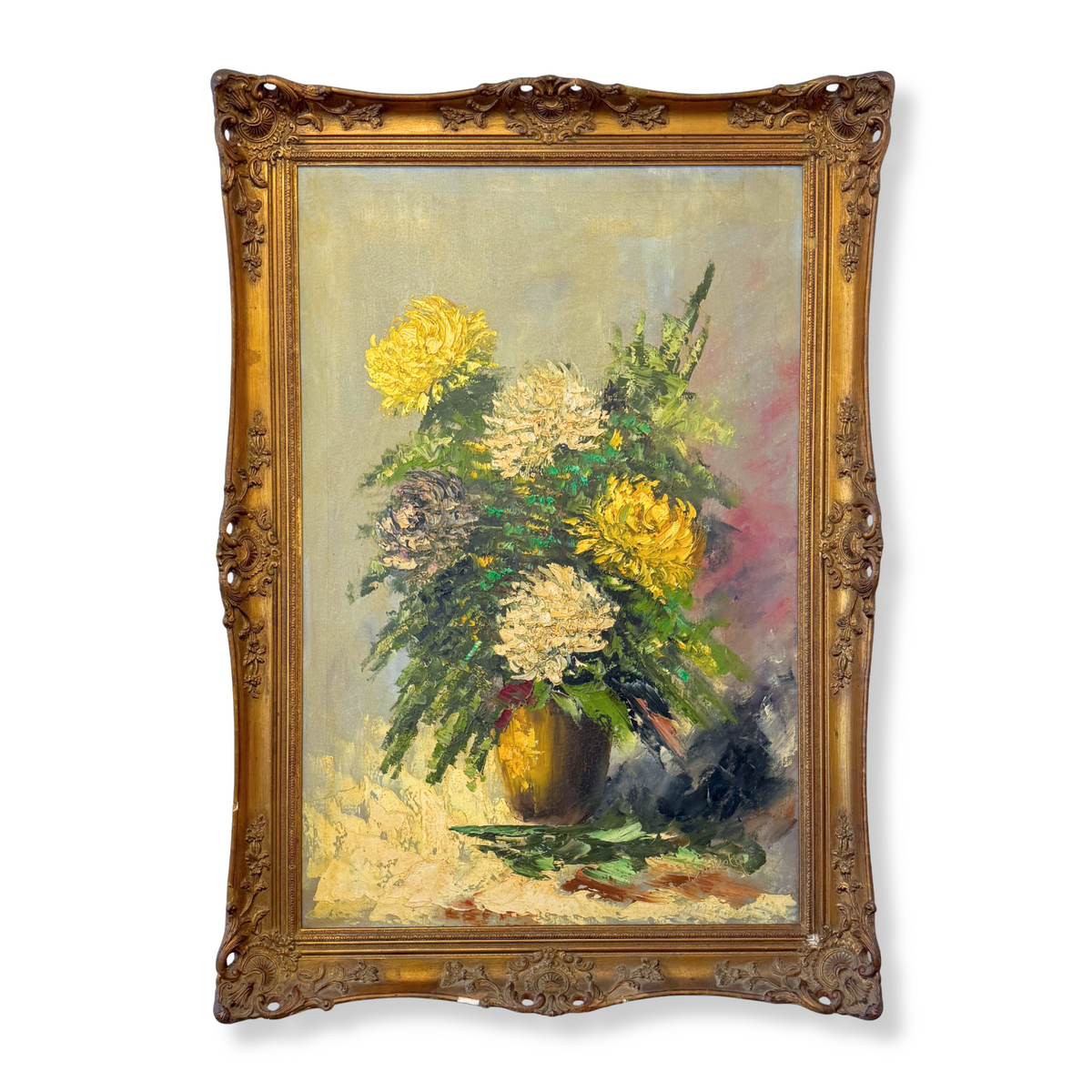 Chrysanthemum Still Life Oil on Canvas by F Szekely