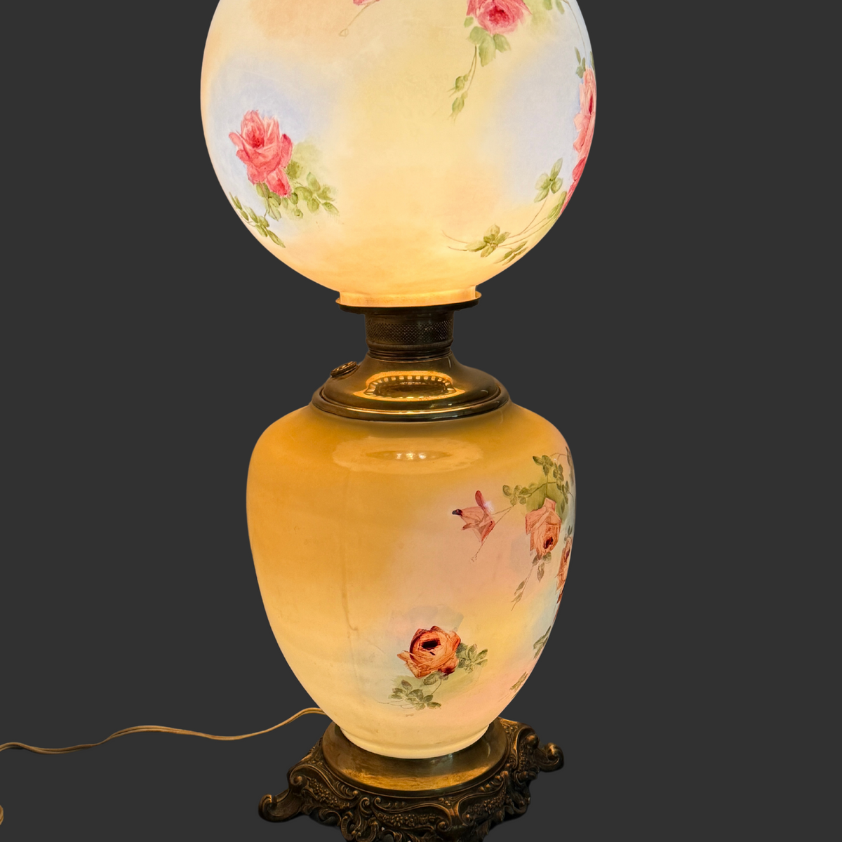 Decorated "Gone with the Wind" Milk Glass Electrified Oil Lamp, ca. 1890