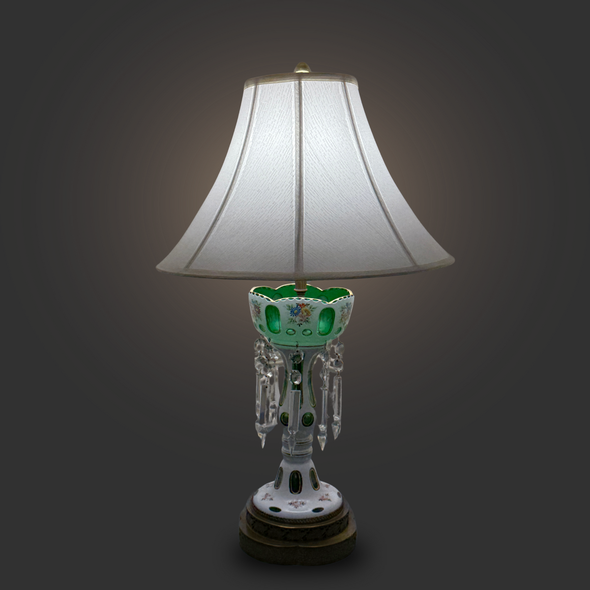 Bohemian Glass White Overlay Cut-to-Emerald Lamp with Prisms