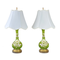 Antique French Enameled Green Glass Decanter Lamps (Pair), ca. 1920