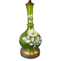 Antique French Enameled Green Glass Decanter Lamps (Pair), ca. 1920