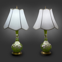 Antique French Enameled Green Glass Decanter Lamps (Pair), ca. 1920