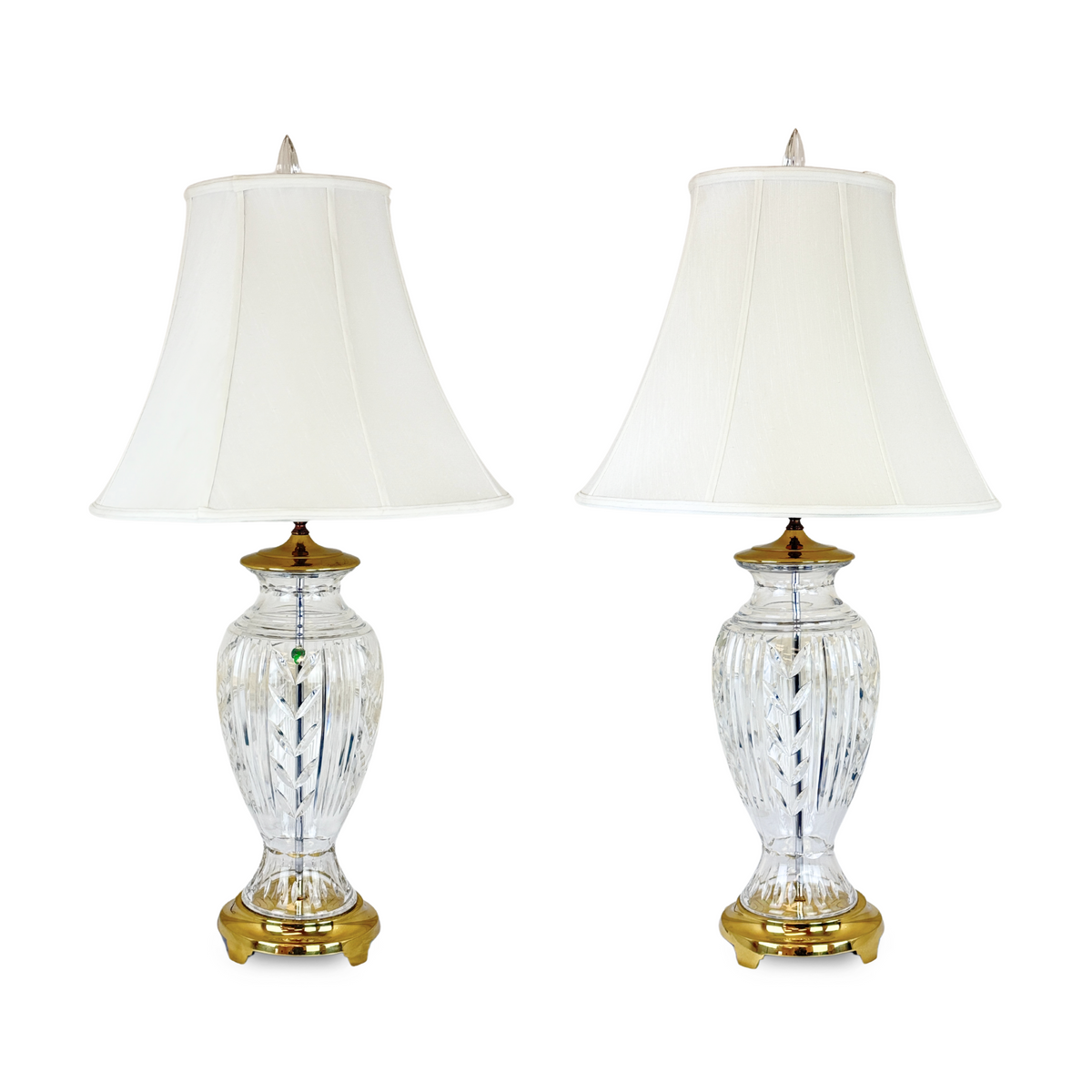 Waterford Crystal "Glencar" Lamps w/ Shades and Finials (Pair)
