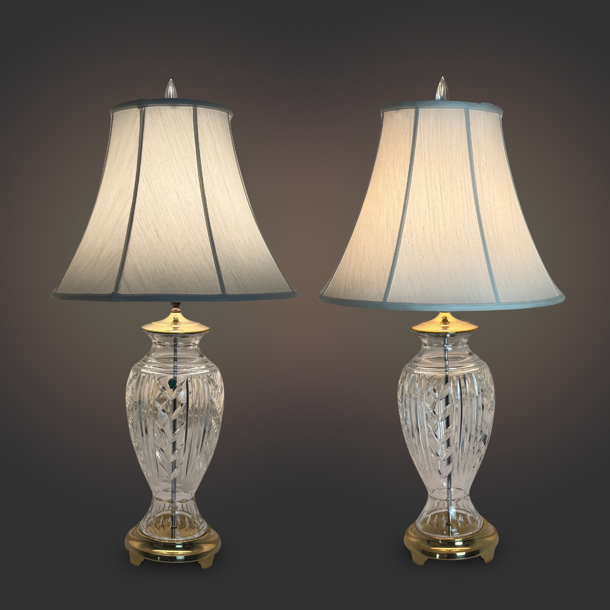 Waterford Crystal "Glencar" Lamps w/ Shades and Finials (Pair)
