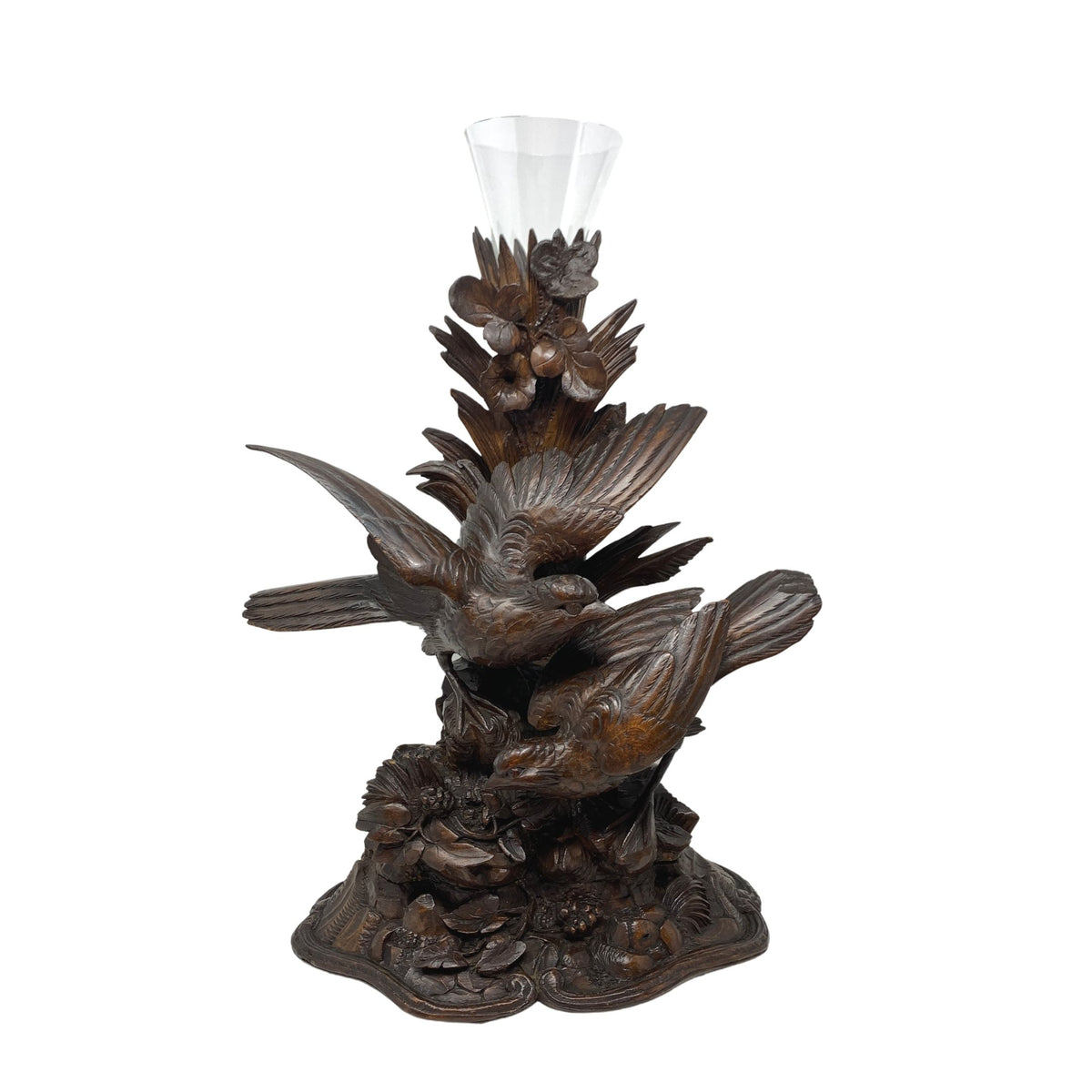 Black Forest Carved Wood Birds Vase With Glass Insert
