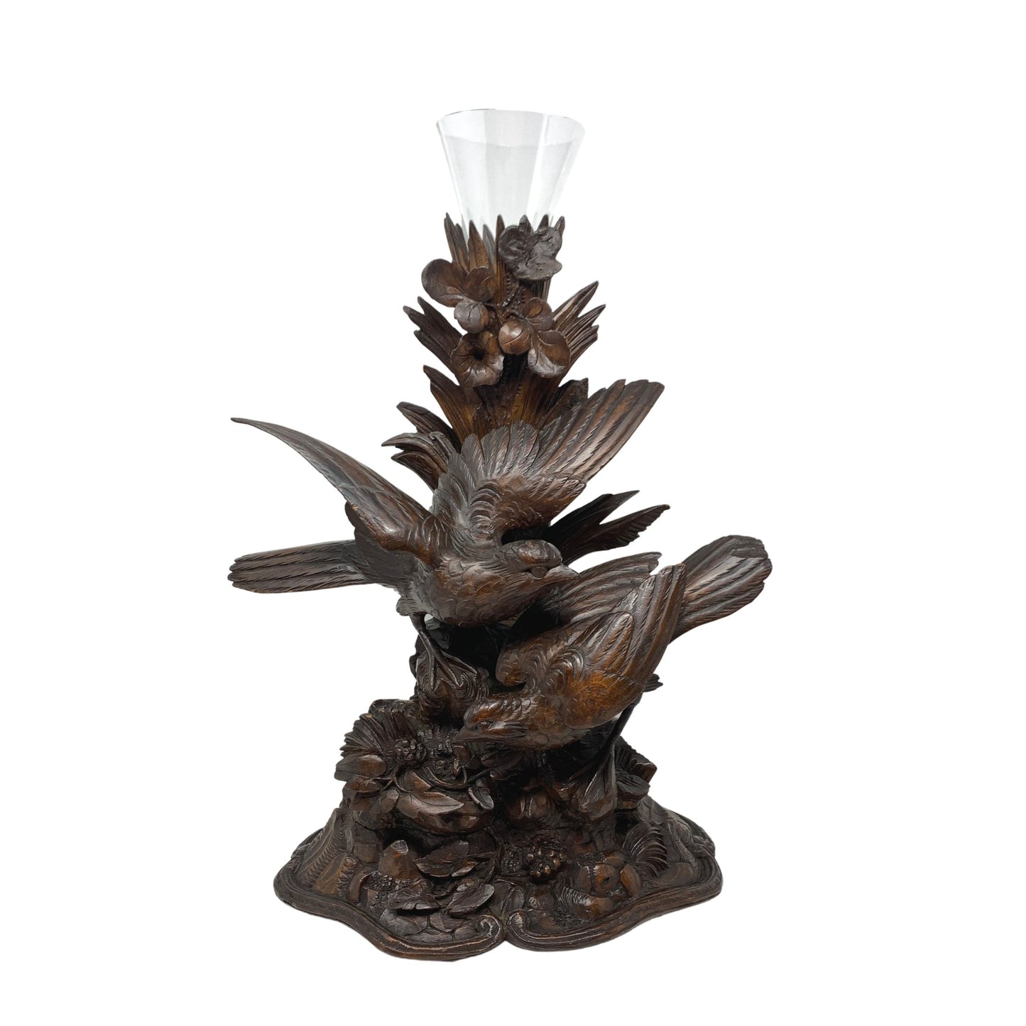 Black Forest Carved Wood Birds Vase With Glass Insert