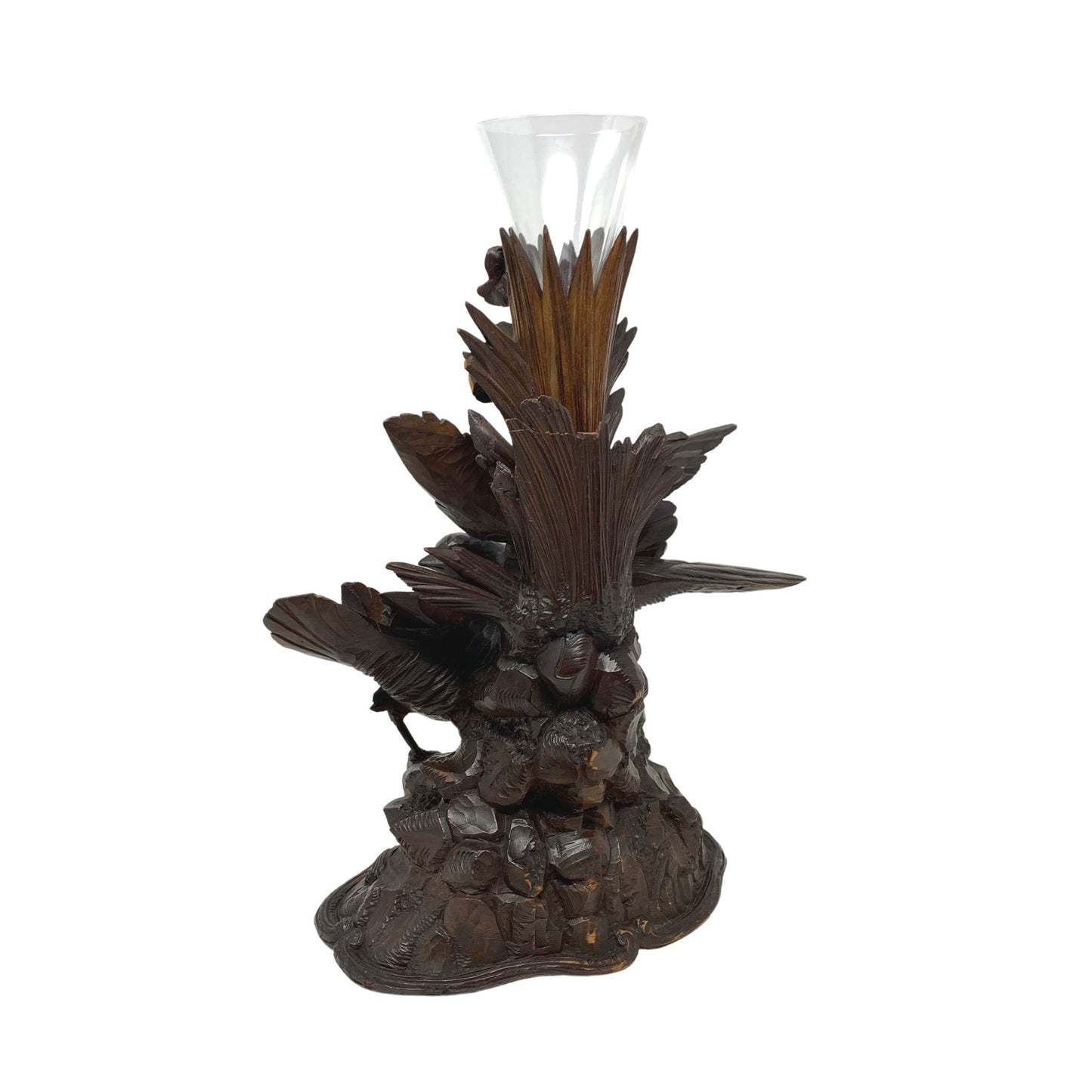 Black Forest Carved Wood Birds Vase With Glass Insert