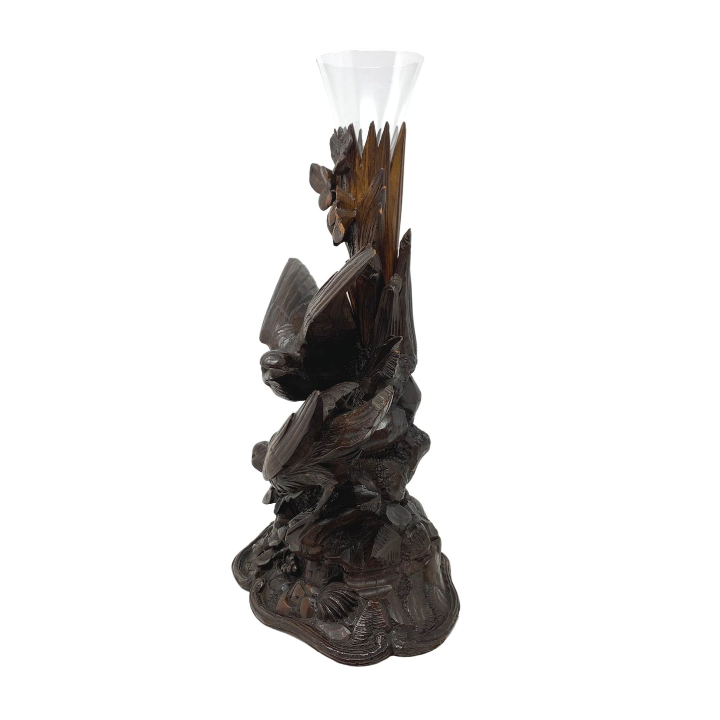 Black Forest Carved Wood Birds Vase With Glass Insert
