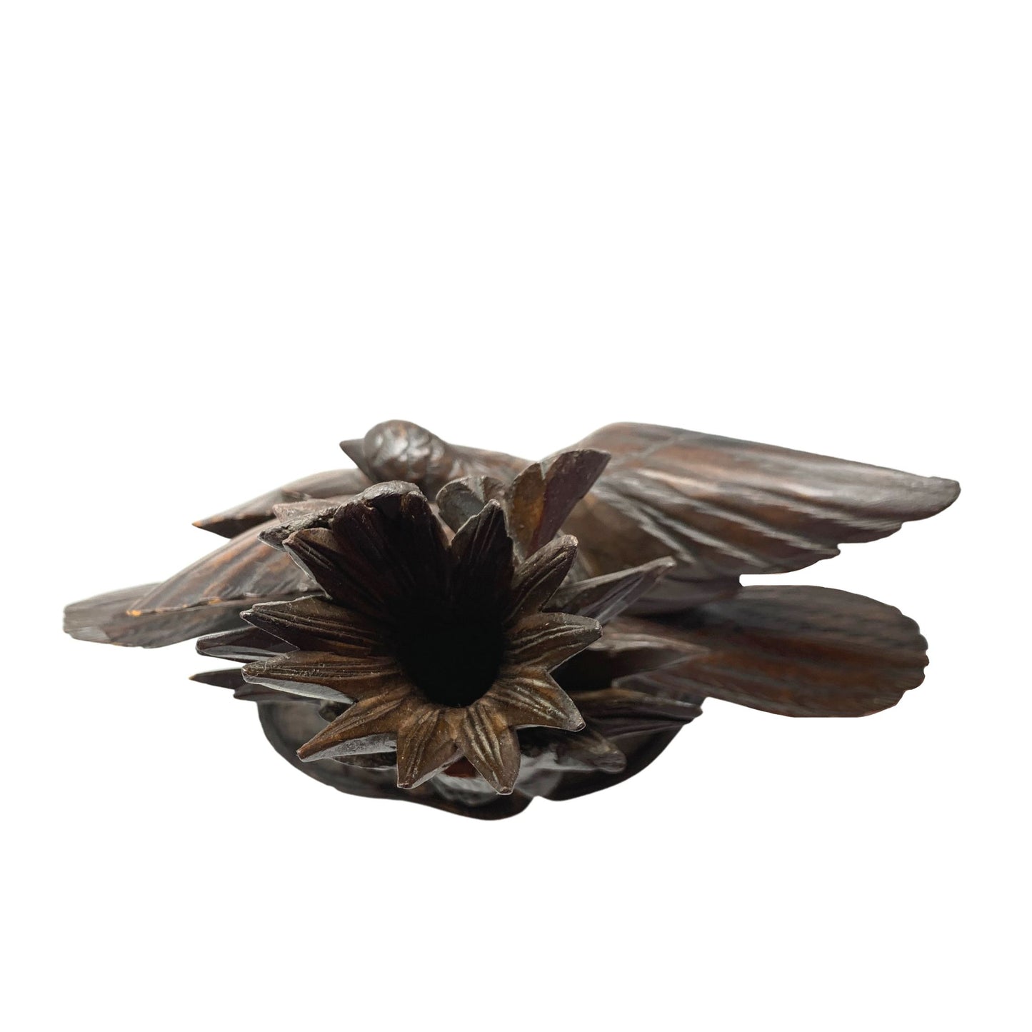 Black Forest Carved Wood Birds Vase With Glass Insert